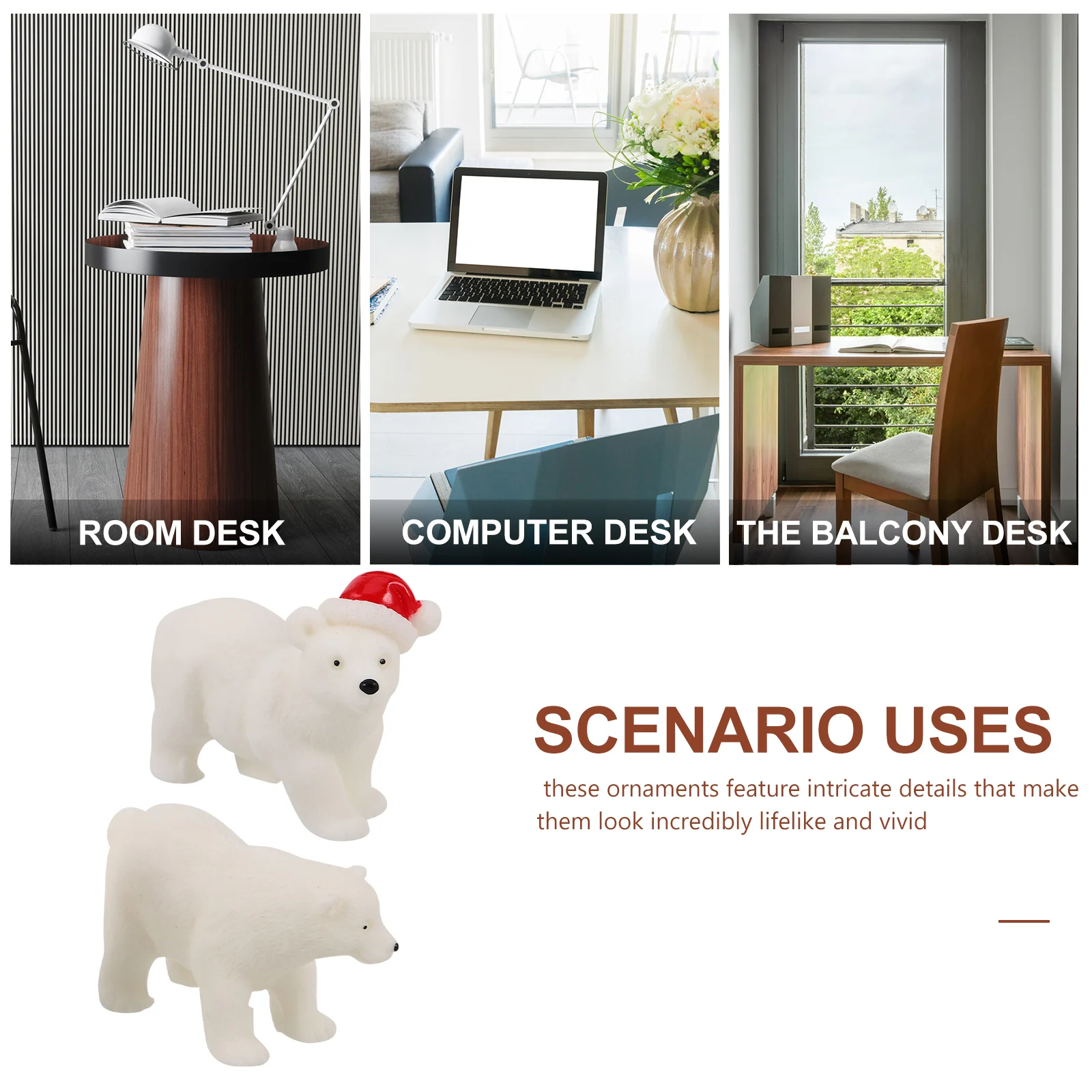 

2pcs Mini Polar Bear Resin Desktop Ornaments Lifelike Details Decorations Office Study Bedroom Christmas