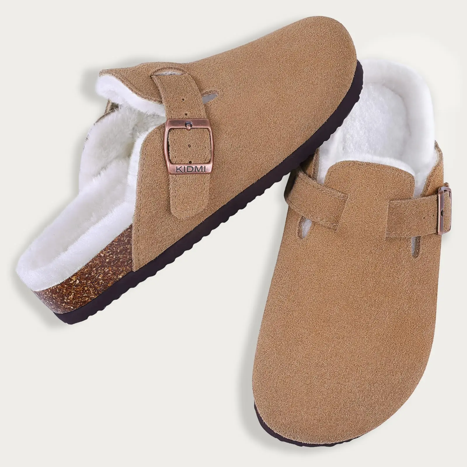 Litfun Women's Winter Furry Mules With Adjustable Buckle, Cork Insole, Warm Fur-Lined Clogs_voghion.com