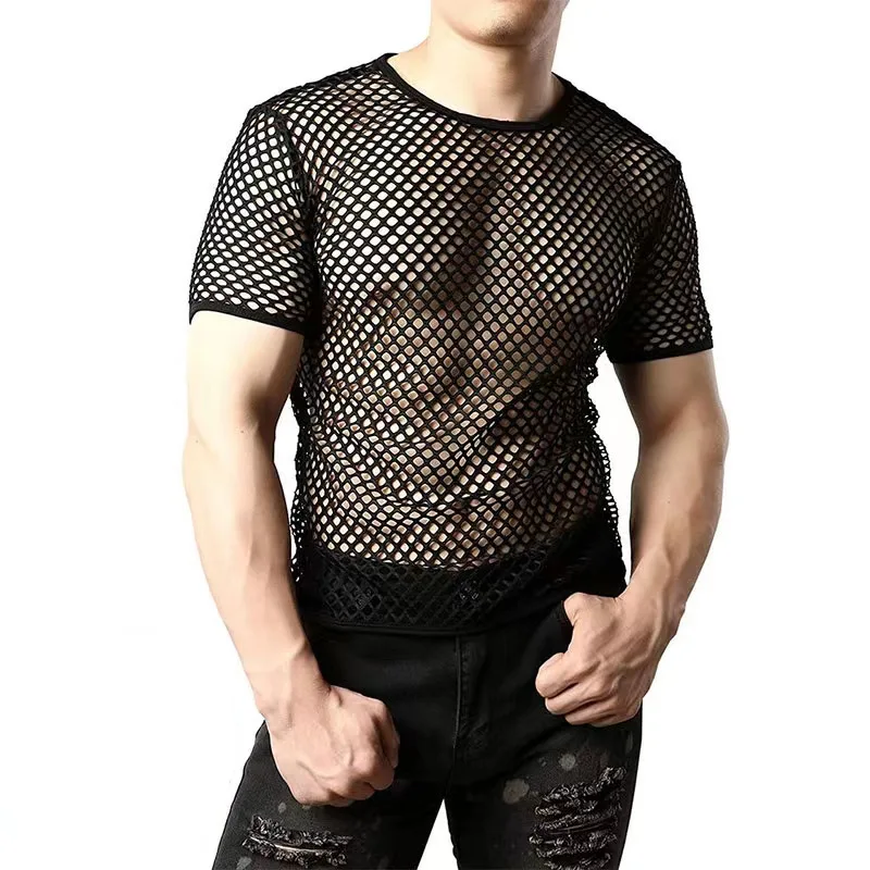 Style Male Personality Hollow-out Jacket Fishnet Mesh Perspective Short-sleeved T-shirt Men Nightclub Dancers Sexy Costume Men