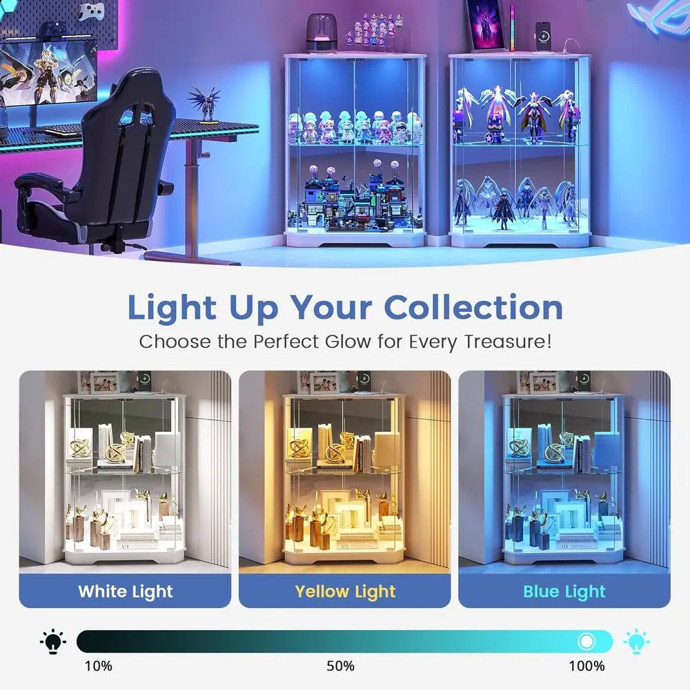 2-Tier Glass Display Cabinet with LED Lights and Charging Station for Living Room, Elegant White view 3