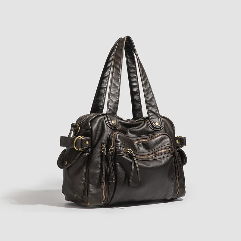 Vintage Y2K Motorcycle Tote Bag Women Distressed PU Leather Large Capacity Multi Pocket Tassel Shoulder Crossbody 2026