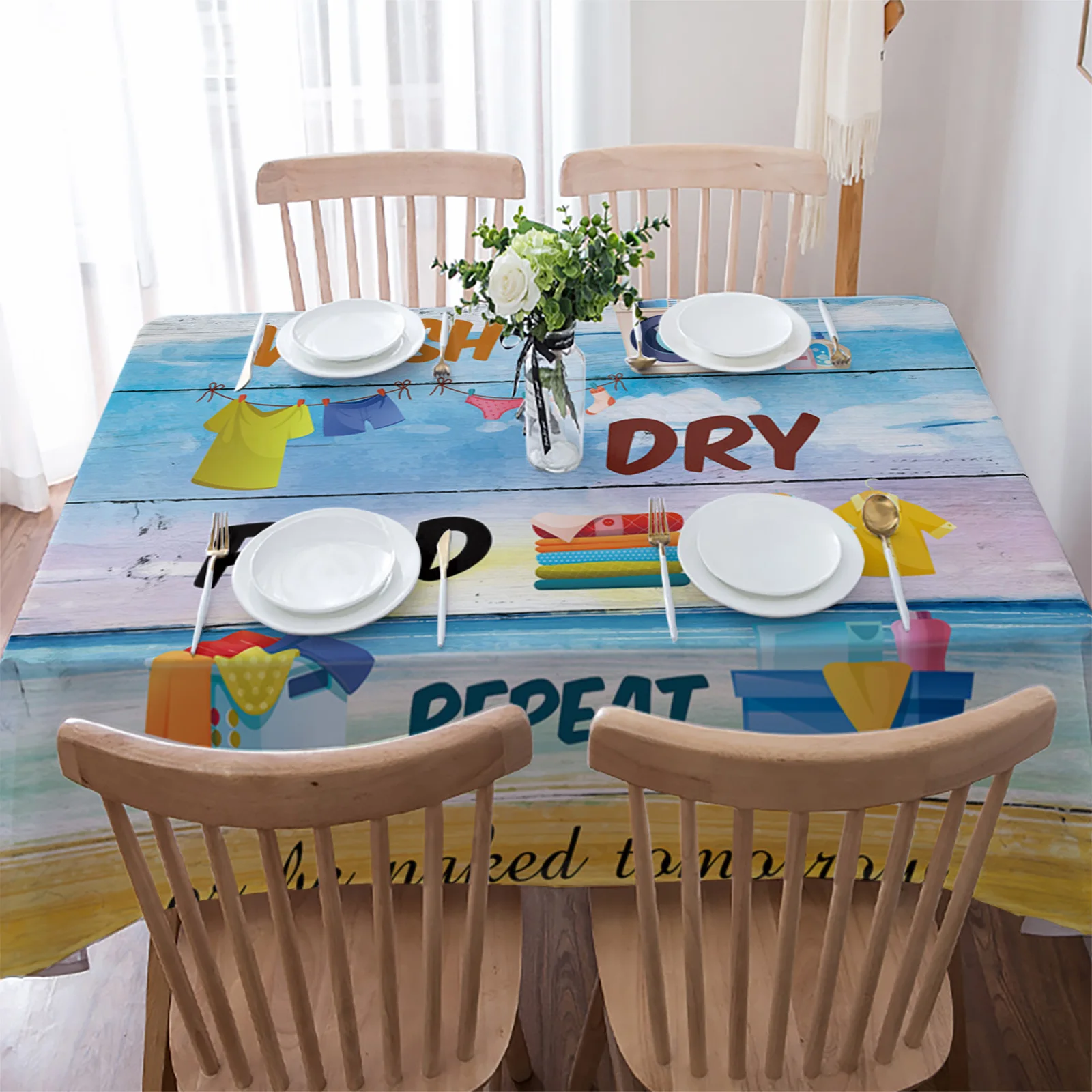 Wood Grain Sea Beach Watercolor Laundry Rules Tablecloth Waterproof Dining Table Rectangular Round Home Kitchen Decoration