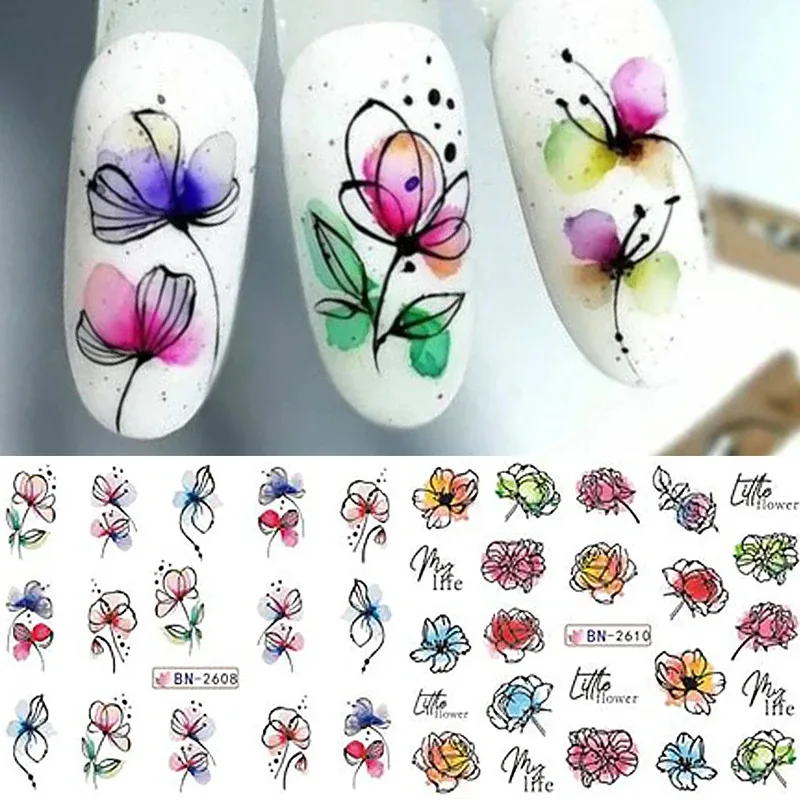 ​ ​ 12 primavera e verão transferência de água tinta floral conjunto de adesivos de unhas contém flores florescendo e folhas verdes graffiti slider prego