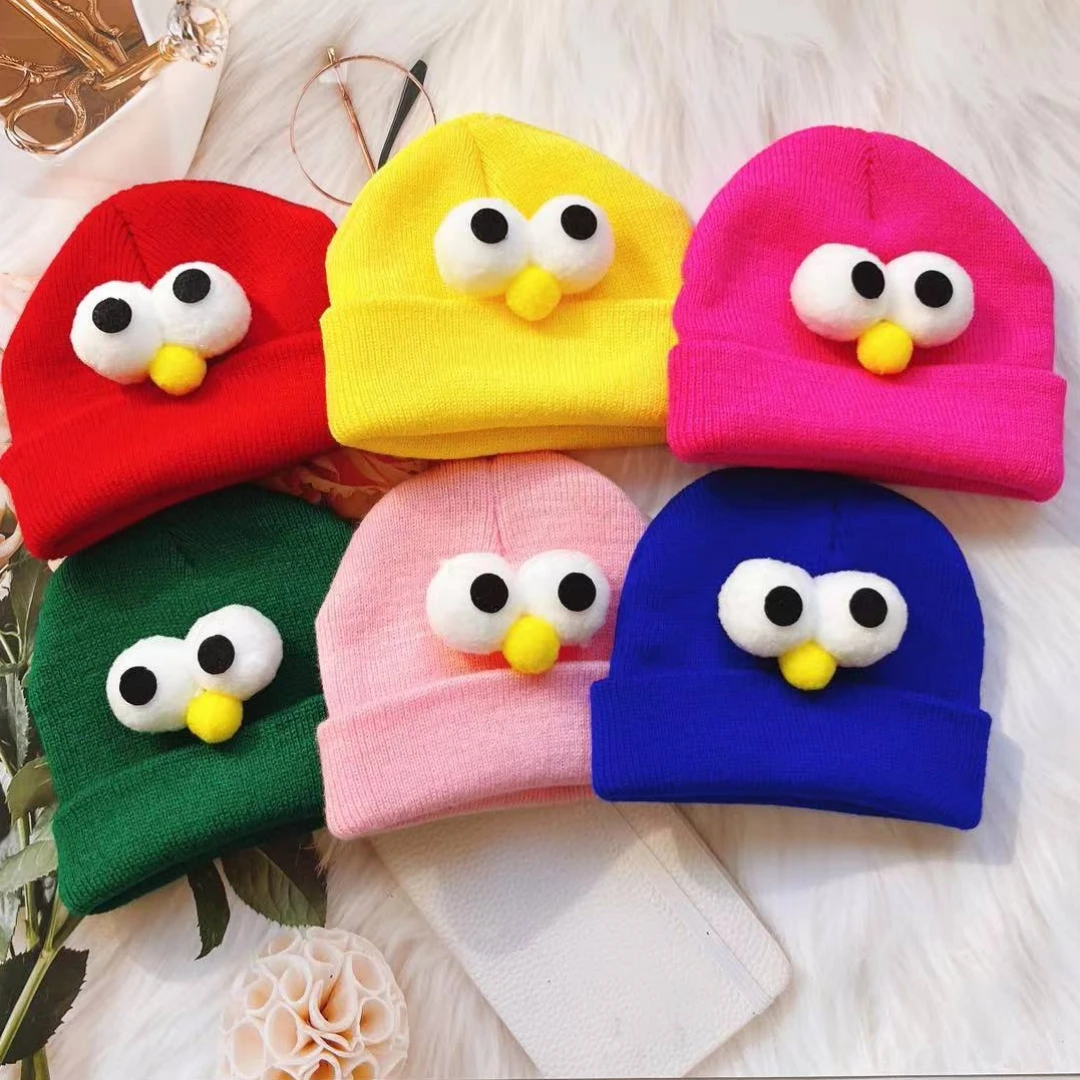 Korean Baby Autumn Winter Hat Cute Eyes Knitted Warm Newborn Cap Infant Beanie Solid Color Baby Girl Boy Soft Crochet Hats