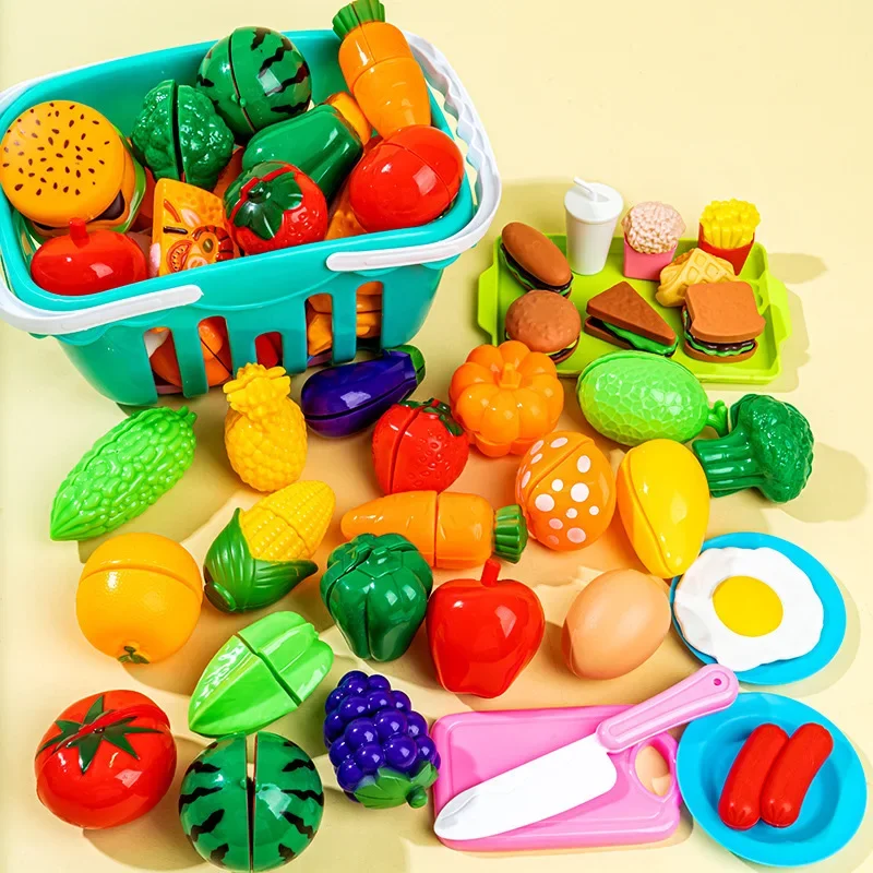 

Cutting Play Food Toy for Kids Kitchen Set Fruit Vegetables Fast Fake Food with Storage Basket for Toddler Baby