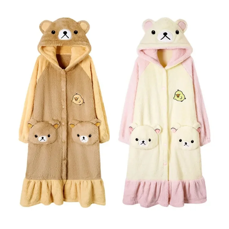 Rilakkuma Pyjamabroek Set Japan Borduren Y2k Coral Fleece Capuchon Vrouwen Winter Dik Fluwelen Kawaii Paar Thuis Outfit Nieuw