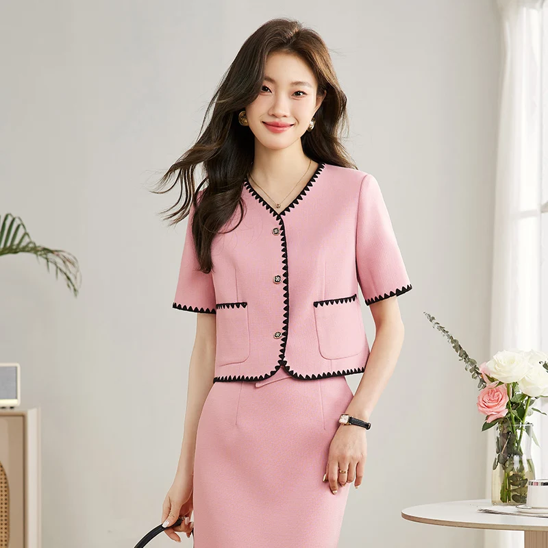 

High-end Socialite Women's Short-sleeved Suit Summer Commuting Single-breasted Elegant Short Suit Mid-length Skirt Two-piece Set