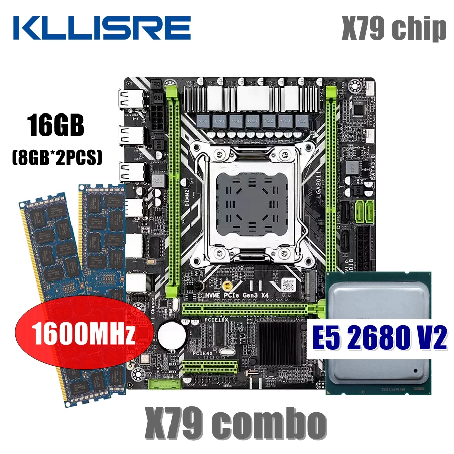 Kllisre X79 motherboard combo kit set LGA 2011 E5 2680 V2 CPU 2*8GB memory DDR3 1600 ECC RAM