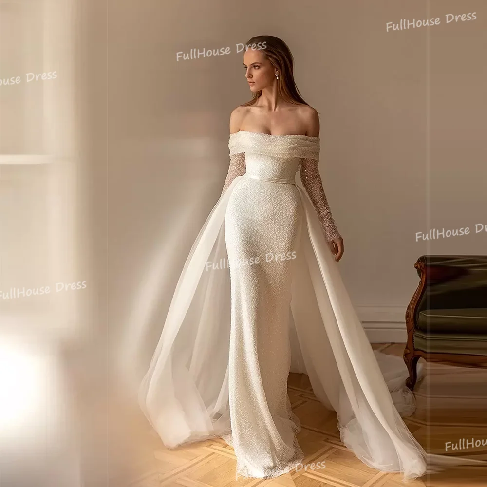 

Customized Glitter Boat Collar Sequins Sexy Mermaid Backless Wedding Dress Boho Long Sleeve Bridal Dress with Detachable Train