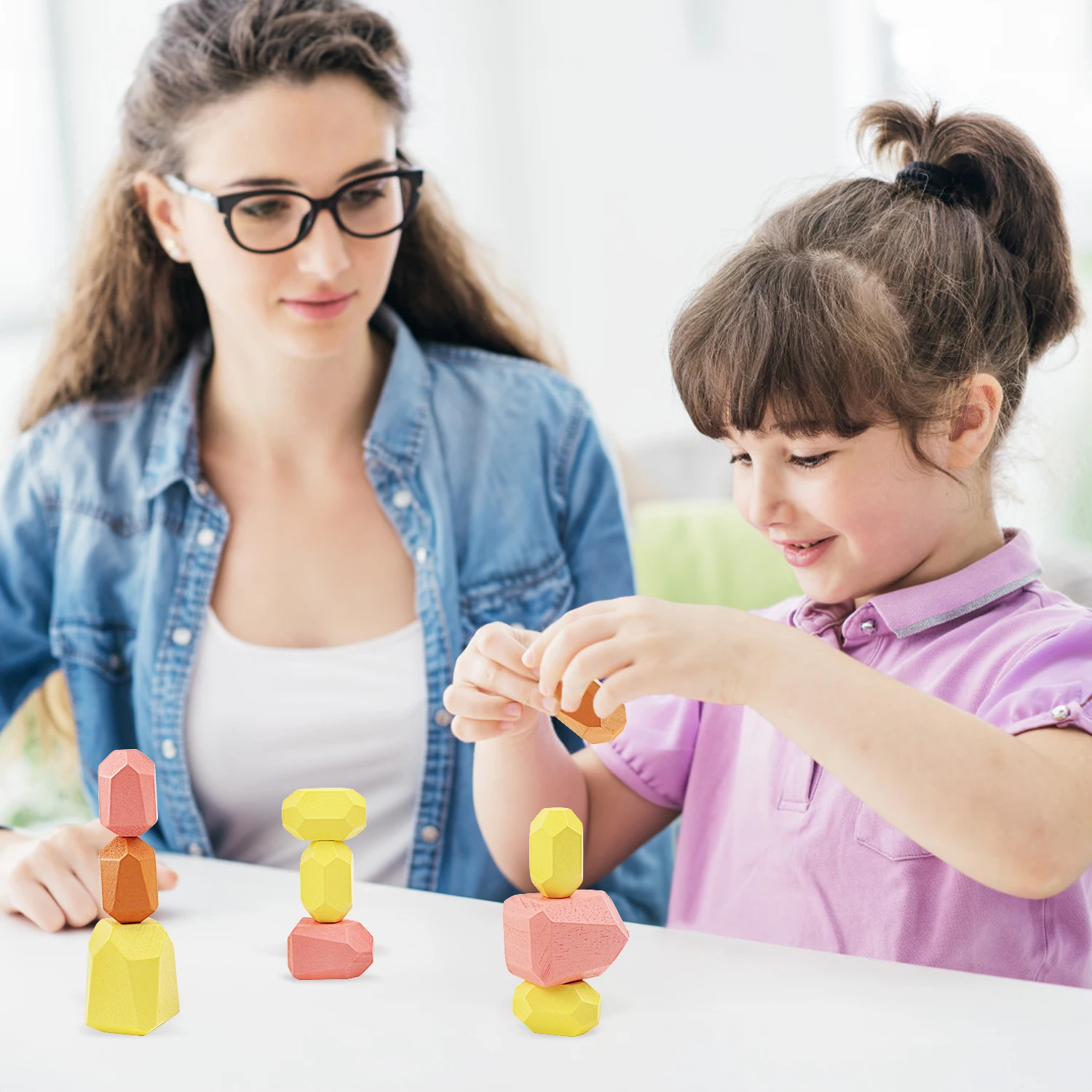 Combinação colorida empilhada pedra brinquedos, educação infantil, exercício, foco, coordenação olho mão