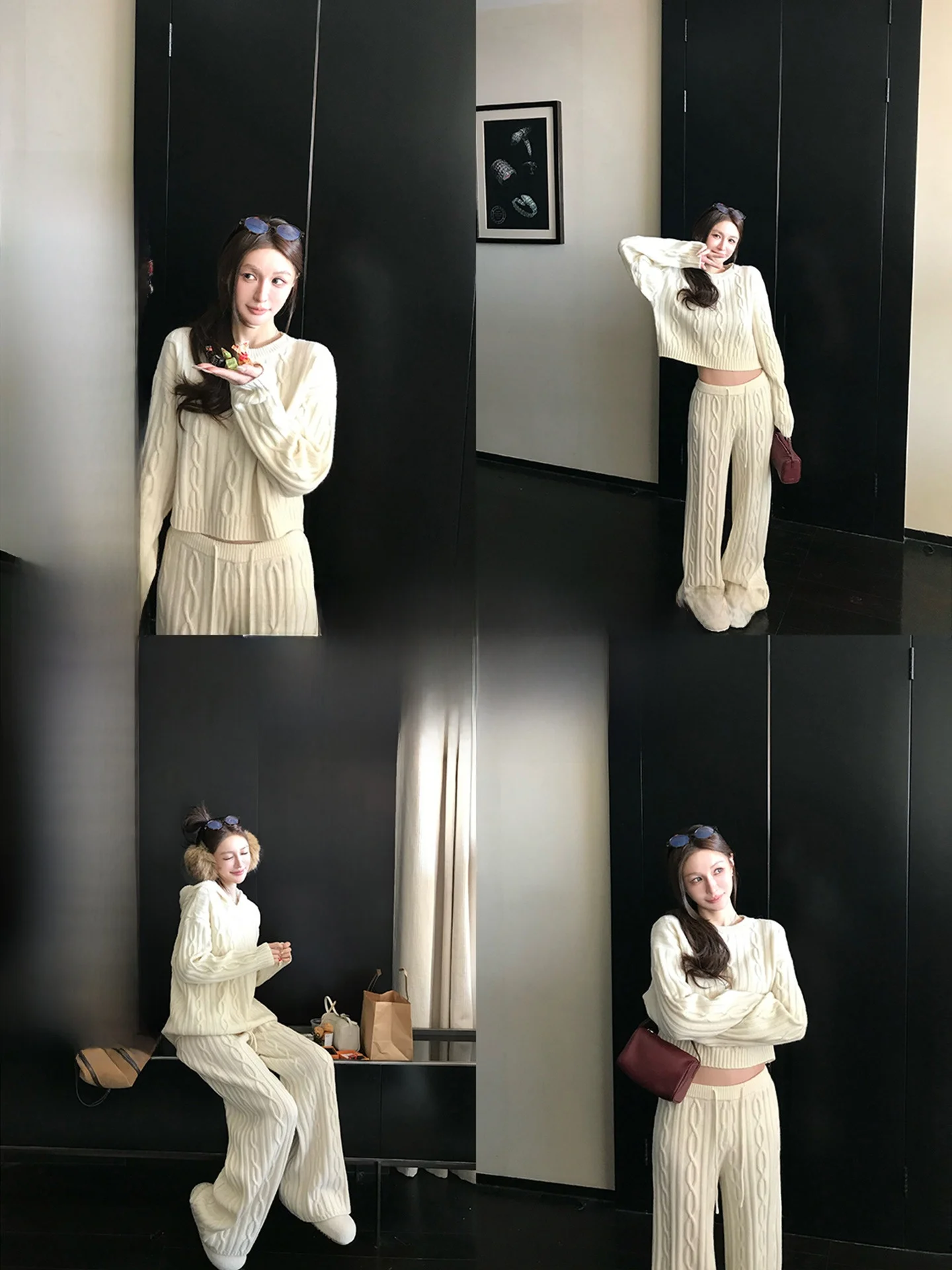 

Зимняя шерстяная вязаная шапка, круглый комплект свитера для женщин, тяжелый вес AO Twisted Old Money Sle Long Sve Casual Faion