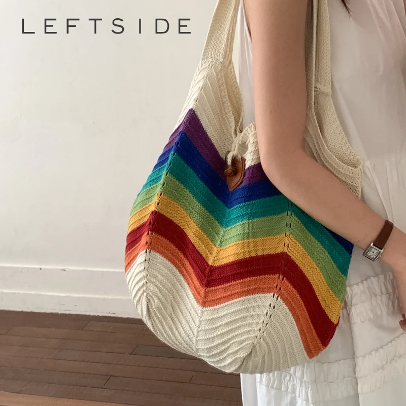 

LEFTSIDE Women's Rainbow Stripe Knit Tote Bag Boho Casual Aesthetic Summer Vacation Daily Shopping Shoulder Bag 2026 Handbags