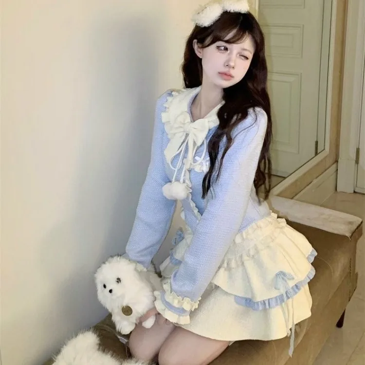 Sweet Cute Bow Peter Pan Collar Long Sleeve Tops Women+ Y2k High Waist Ruched Skirts 2024 Spring Autumn New Two Piece Sets