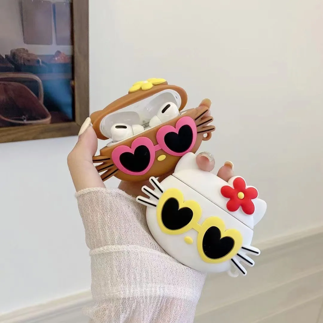 حافظة لهاتف Airpods Pro 2، نظارات Hello Kitty الشمسية باللون البني من السيليكون لسماعات Airpods 3 2 1 حافظة لهاتف Kids Funda #4