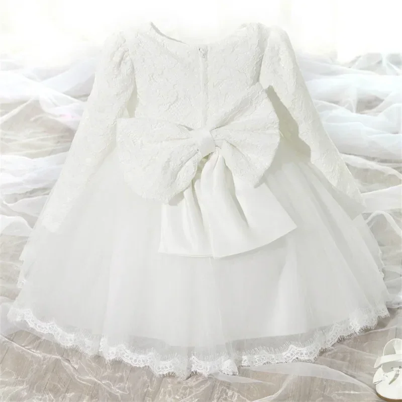 2024 Newborn Long Sleeve Baby Girls Dresses Party Wedding Girl Lace Big Bow Gown Infant Girl 1st Birthday Princess Baptism Dress