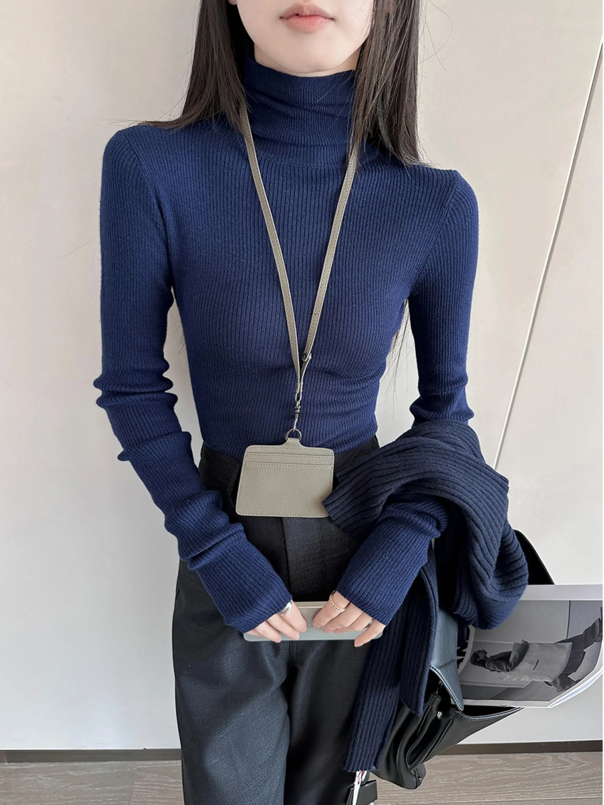 

Slim Fit High Ne Knit Sweater Women's Base Layer PIN k Blue New 2025 Faionable Commute Sle Long Sve round Ne
