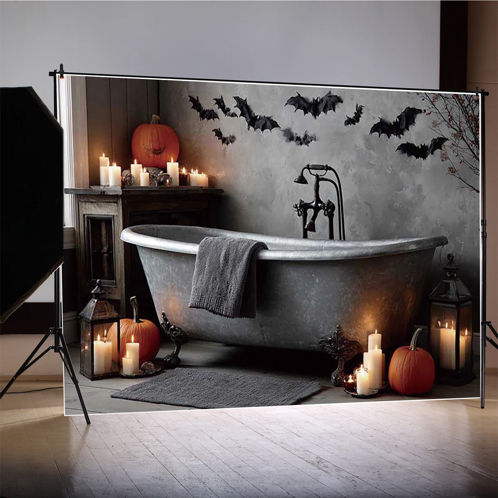 MOON.QG 2025 Halloween Decoration Backdrop Bats Cemetery Night Circus Backgrounds Poster Photo Zone Photography Accessories