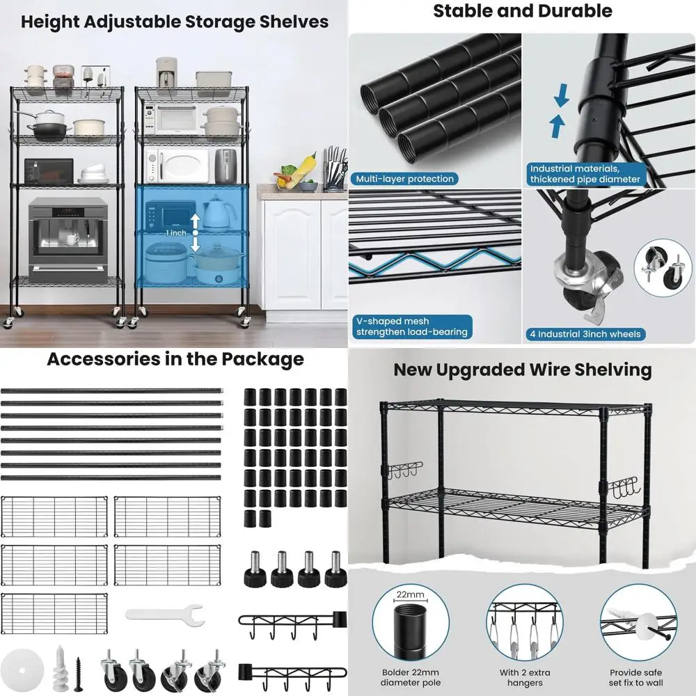 頑丈な5段調節可能なメタルワイヤーシェルフユニット（キャスター付き）、14D x 36W x 75H、耐荷重1750ポンド、ガレージやキッチン収納に最適