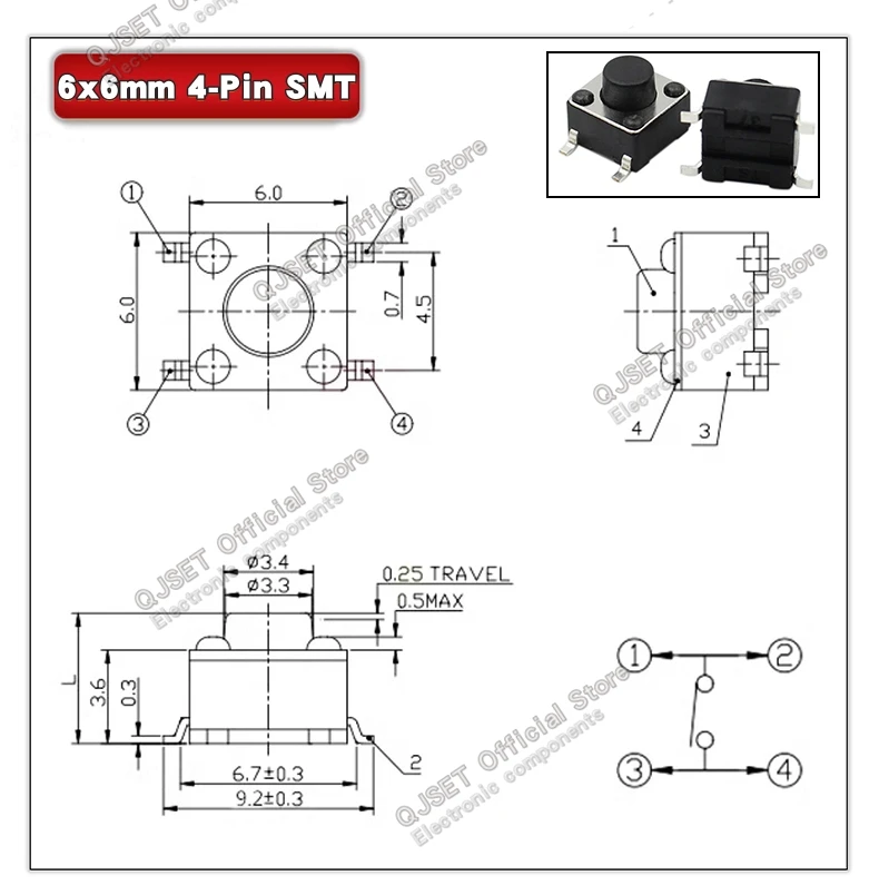 70/100 stücke 6*6 Schalter Taktile Druckschalter Kit Höhe: 4,3 5-13 MM DIP 4pin SMD Micro Schalter 6x6 Druckschalter Für Arduino – Detail 8