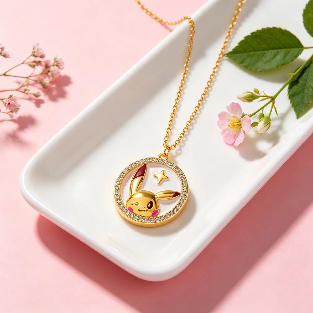 Kawaii Winking Pikachu Crystal Round Necklace Gold Color Anime Pokemon Pendant Jewelry for Daily Wear & Gift