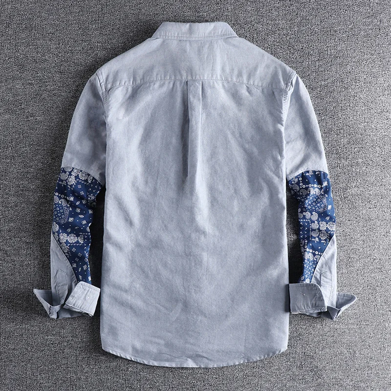 

100% Cotton Tops Shirts for Male Fashion Mens Retro Water Washing Shirts Pocket Cashew Flower Patchwork Long Sleeve Casula Shirt