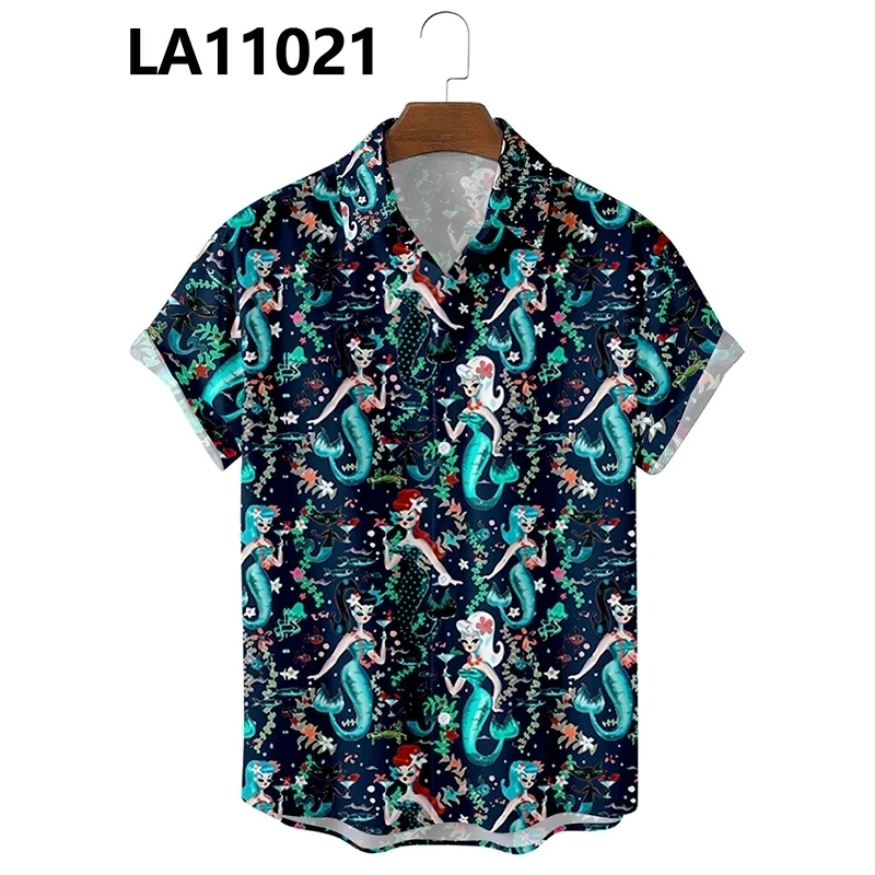 Chemise sirène vintage pour homme, imprimé en 3D, Harajuku, chemise décontractée sociale pour homme, rue, été, plage, chemisier floral rétro