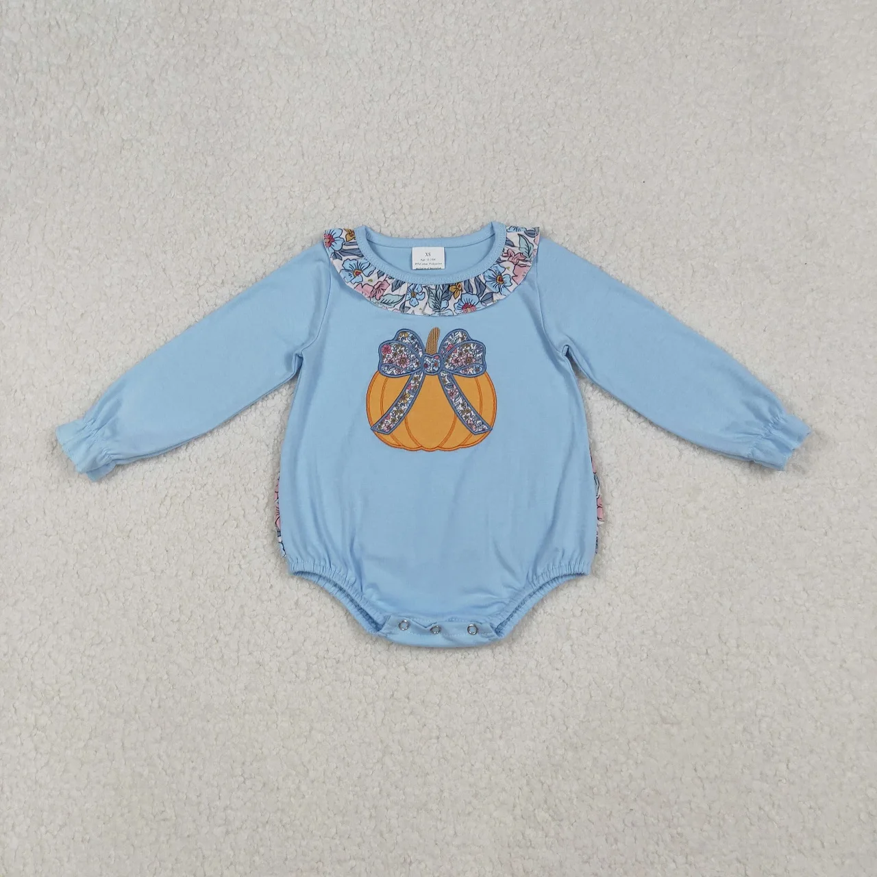 

Wholesale Girl Toddler Thanksgiving Children Embroidery Pumpkin Floral Bow Romper Kids Newborn Coverall Bubble Cotton Bodysuit