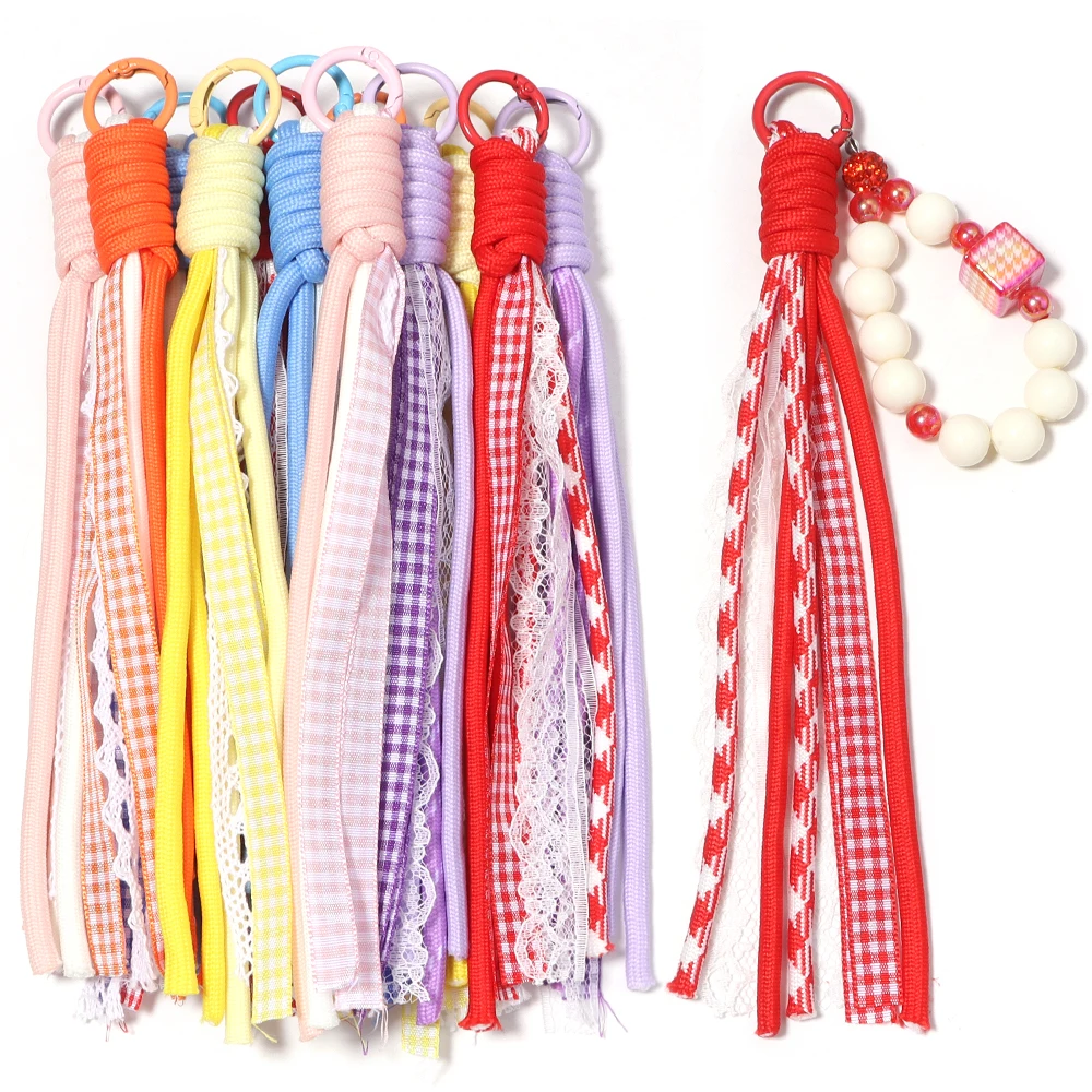 2pcs/lot Sweet Lace Plaid Ribbon Braided Lanyard Charms Keychain Rope For Jewelry Making DIY Keyring Bag Pendant Accessories