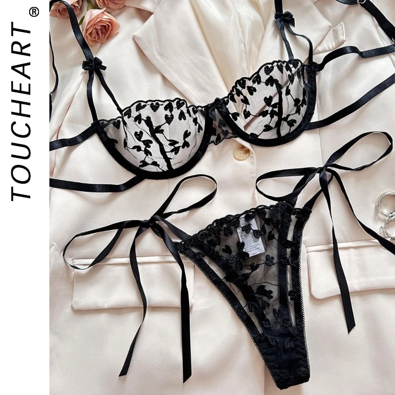 Toucheart 2 Piece Set Love Embroidered Sexy Underwear Suit For Women Mesh Patchwork See-Through With Steel Ring Sexy Lingerie