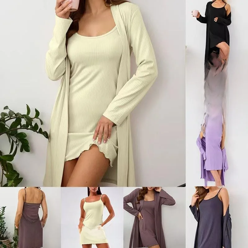 

Комплект из двух предметов Spwear Set Strapl Dr And Cardigan Robe для домашнего использования Long Sve ort Dr Осенний сезон Обычный тонкий