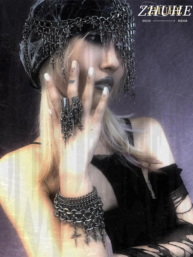 

Punk Multi-Chain Bracelet with Cross Pendants, Unisex Jewelry Accessory for Men & Women, Trendy Statement Piece