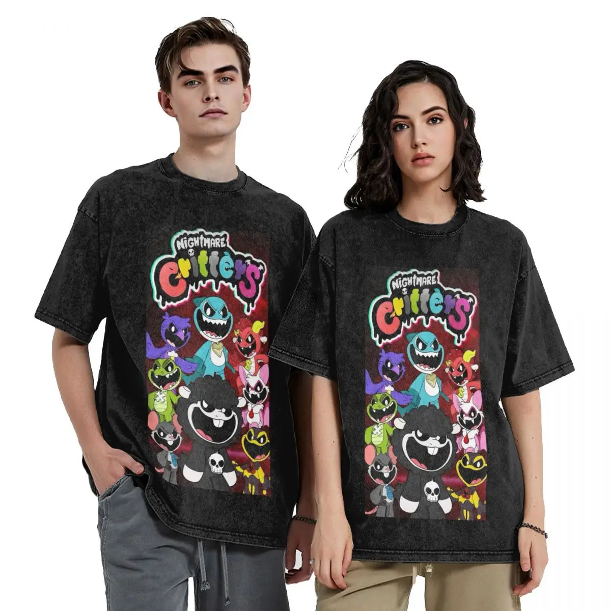 Nightmare Critters Cartoon Hip Hop Short Sleeve T-Shirts Washed Tops Tees Streetwear T Shirt Vintage for Men woman