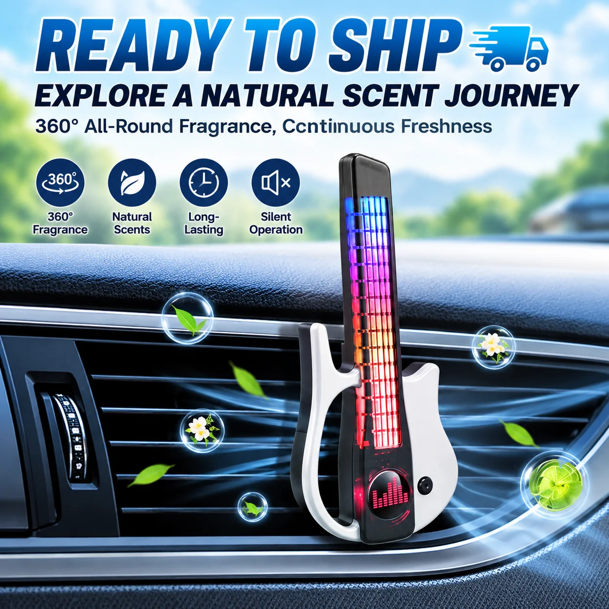 Electric Guitar Car Air Freshener, RGB Voice Activated LED Rhythm Light with Vent Clip Aroma Diffuser for Drivers and Music Fans