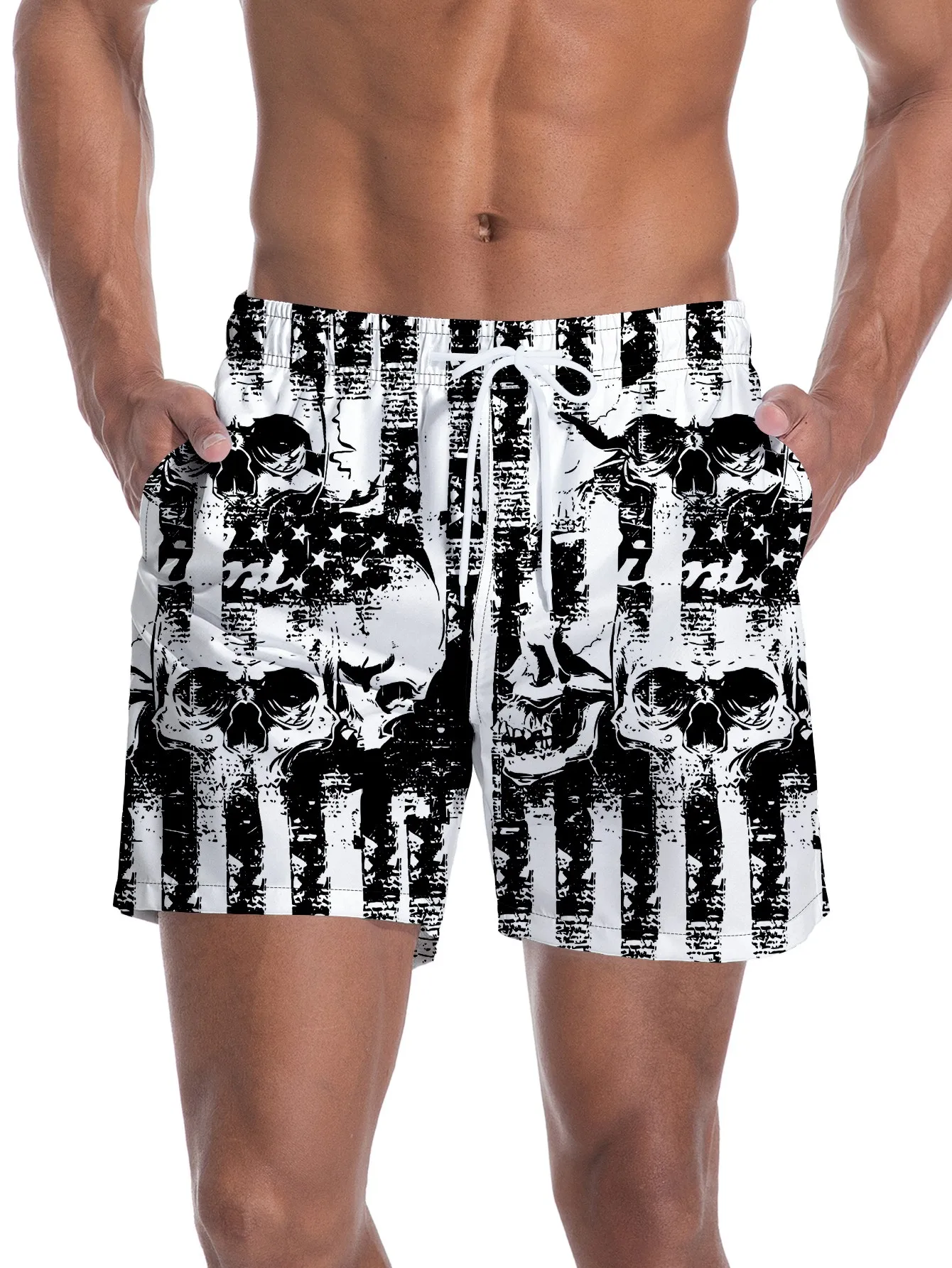 

Men's Gothic Skull Stripe Print Quick Dry Swim Trunks Casual Beach Board Shorts with Pockets for Summer