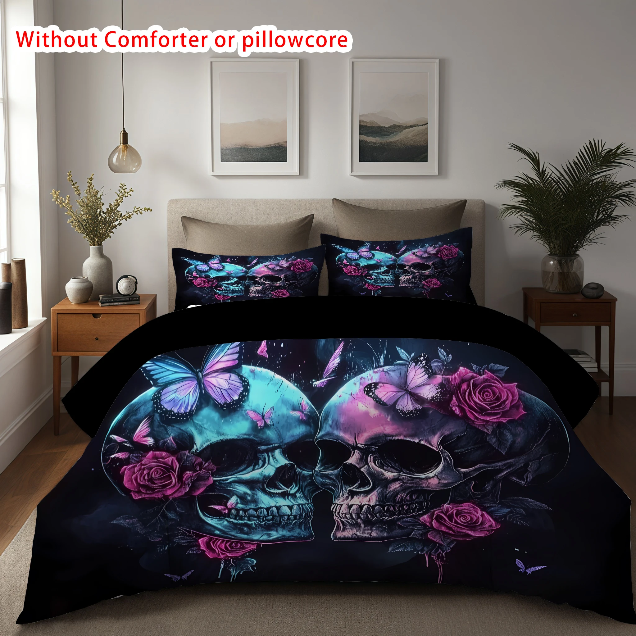 

3D Printed Black Skull Skeleton Bedding Set Colorful Vintage Rose Duvet Cover Luxury Soft Home Hippie Style Duvet Cover Sets