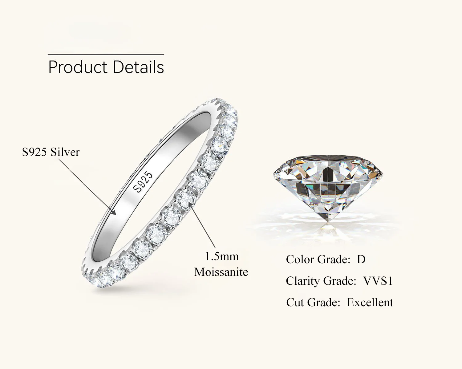 Mit GRA-Zertifikat S925 Sterling Silber 3,0mm Vollmoissanit-Ring D VVS1 3EX Schliff Funkelnder Moissanit-Band Hochzeits- und Partygeschenk – Detail 23
