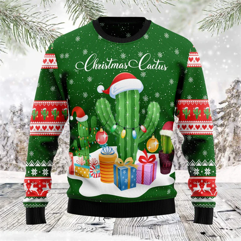 Cartoon Cactus Pattern Ugly Christmas Sweater Men Women Happy New Year Hoodies Tops Street Holiday Party Oversized Sweatshirts