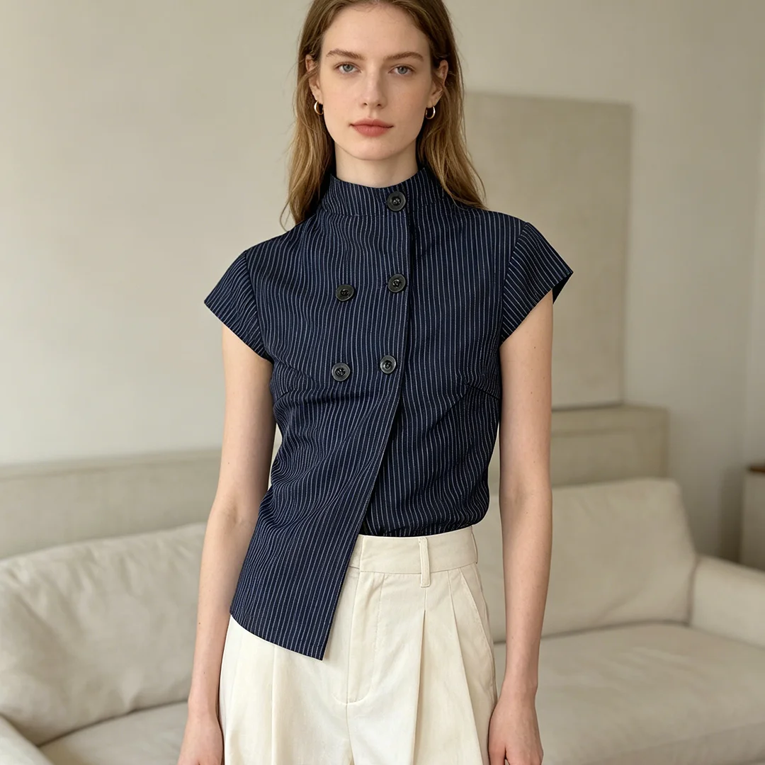 Women's Blue Stripe Shirt Retro Stand up Collar Double breasted Black Button Hat Sleeve Slimming Shirt