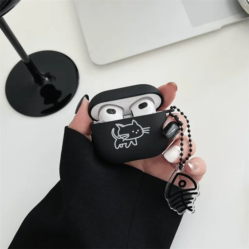 Fish Bones Cute Cat Case for AirPods 4 Airpod 1 2 3 Pro Pro2 Bluetooth Earbuds Charging Box Protective Earphone Case Cover