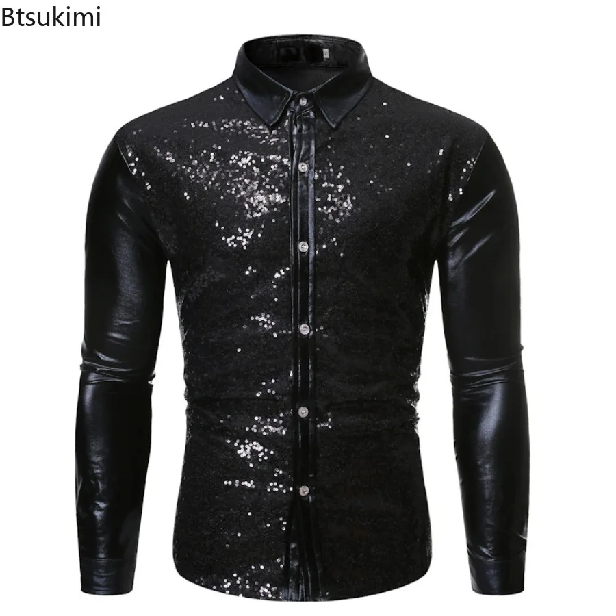 Fashion Metallic Sequins Glitter Shirts for Men 2025 New 70's Disco Party Nightclub Clothes Stage Performance Costume Shirt Male