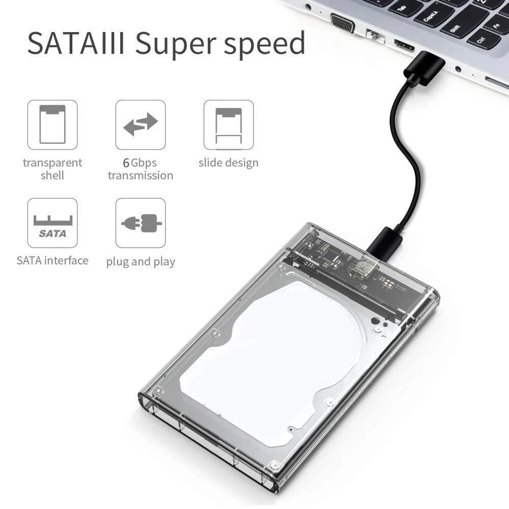 USB 3.0 3.1 External Hard Drive Enclosure 2.5 Inch SATA to USB3.0 UASP Clear Portable Hard Drive Case HDD Tool-Free Transparent