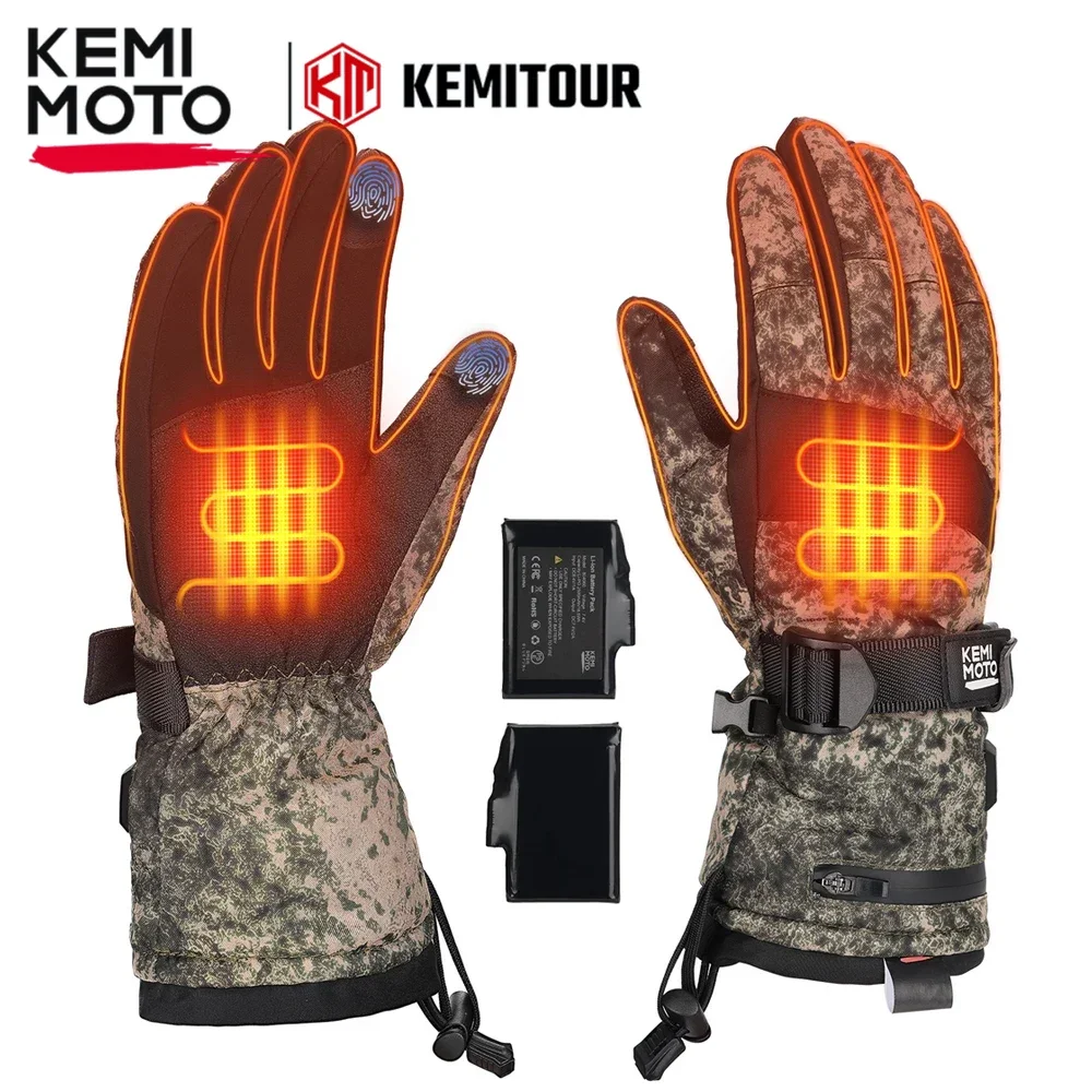 

KEMIMOTO Camo Hunting Heated Gloves For Men With 2 Rechargeable Battery Touchscreen Thermal Electric Gloves For Moto Snowmobile