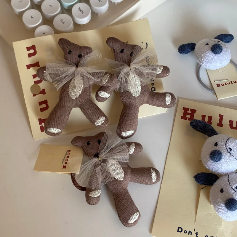 Kawaii Cartoon Teddy Bear Crooked Face Puppy Sweet Hairpin Decoration Anime Peripheral Versatile Hair Rope Headdress Girl Gift