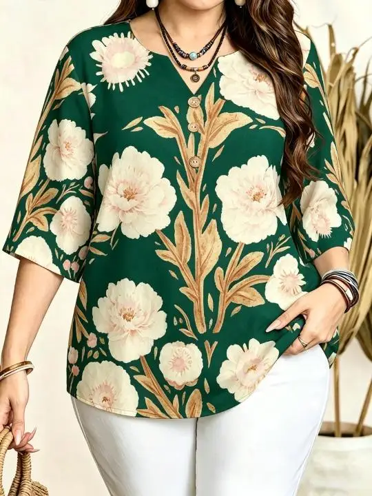Women Oil Painting Large Floral All‑Over Print Blouse Notched Neck 3/4 Sleeve Loose Fit For Curvy Figures Daily Casual Tops