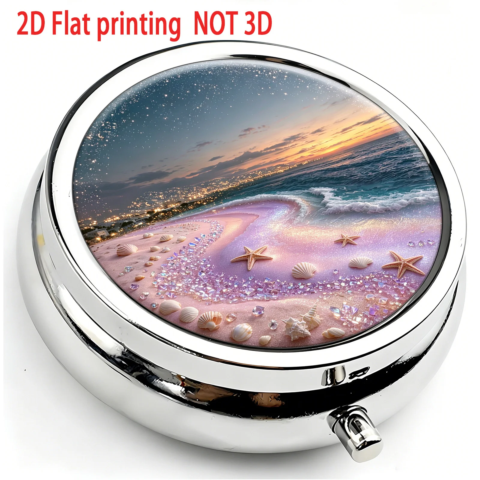 Purple Pink Beach Starfish Seaside Night Scene Pattern, Dreamy Pearlescent Landscape Oil Painting Style Flat Print Pattern Pill Box·Portable Accessory Box·Portable Safety Box·Capsule Box for Storing Regular Medication·Health Essentials·Despite Its Small Size, It Holds Great Value. Easy to Carry·Health Gift·Storage-Friendly·Ideal for Gift-Giving
