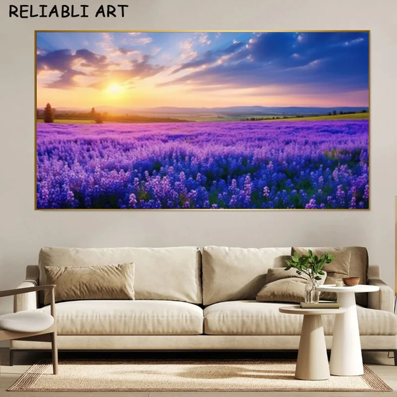Sky Cloud Sunset Lavender Flower Poster and Prints Canvas Painting Wall Art Pictures For Living Room Home Decor No Frame