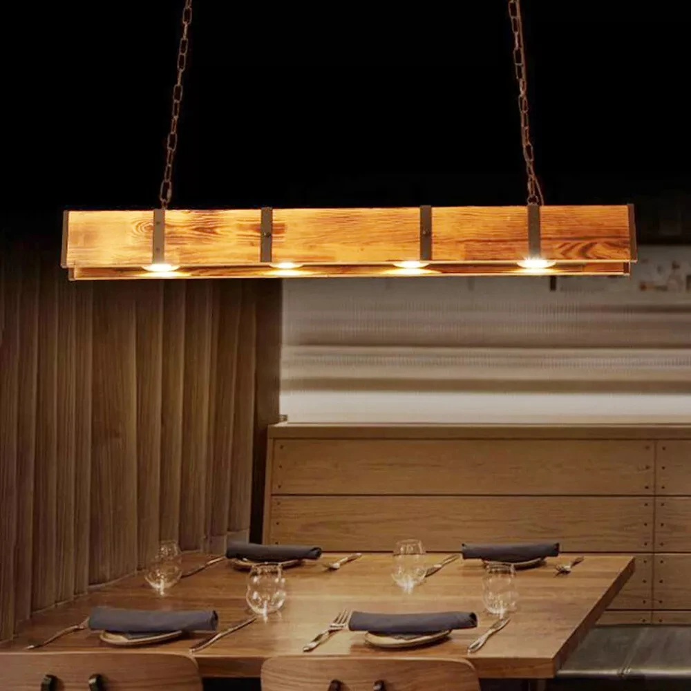 

Farmhouse Chandelier with Wood Beam: Rustic Vintage Pendant Light for Dining Room
