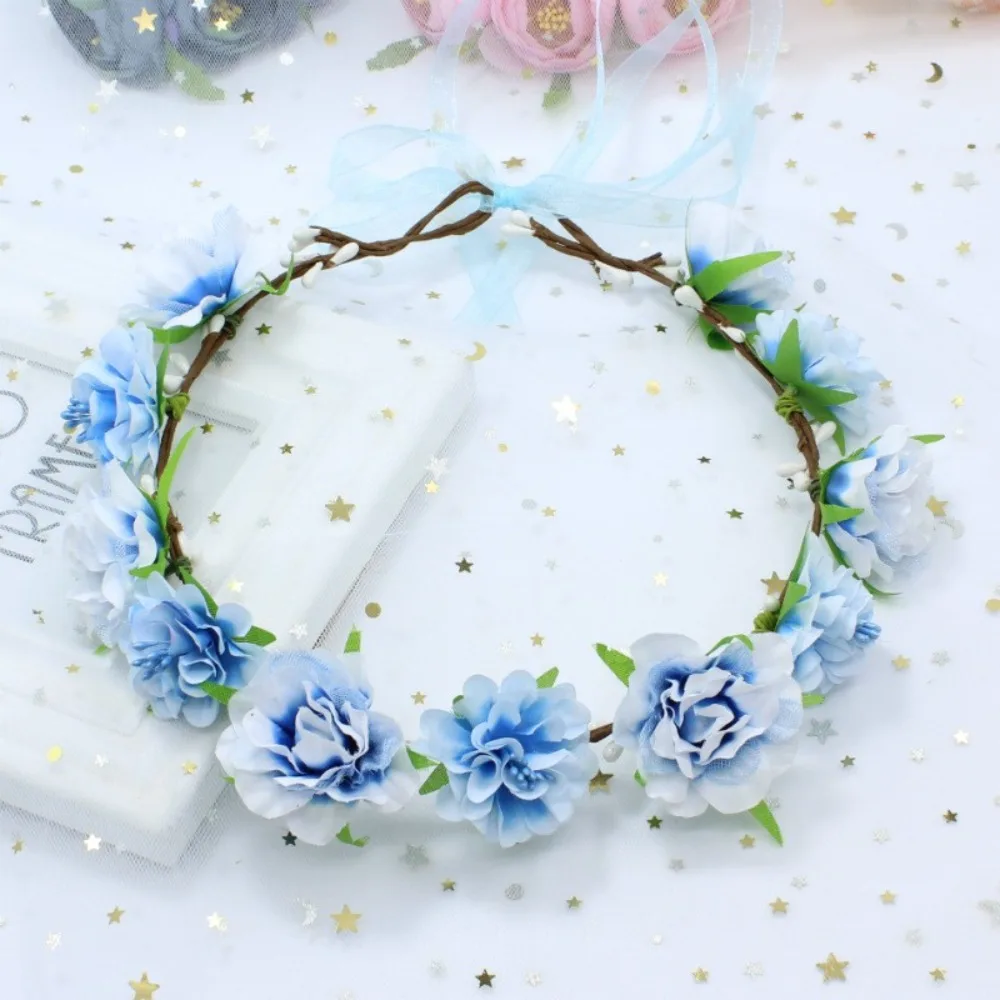 Bohemia Hand Woven Flower Crown Silk Rose Flower Vintage Elegant Hair Loop Adjustable Ribbon Flowers Headband Photography Props