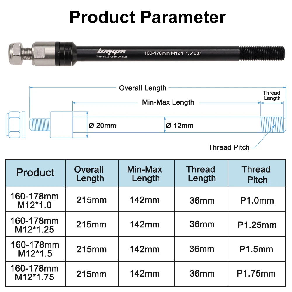 Rimorchio per bicicletta HEPPE Asse passante Rimorchio per carico Rimorchio per bambini Asse passante 160-178mm Asse per gancio di traino per rimorchio bici M12 P1.0/1.25/1.5/1.75