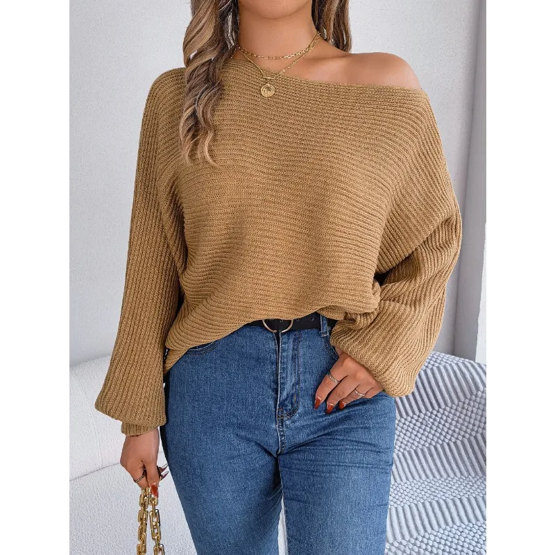 Sweater wanita Lengan kelelawar, atasan Pullover Off Shoulder warna polos musim gugur dan musim dingin 2023